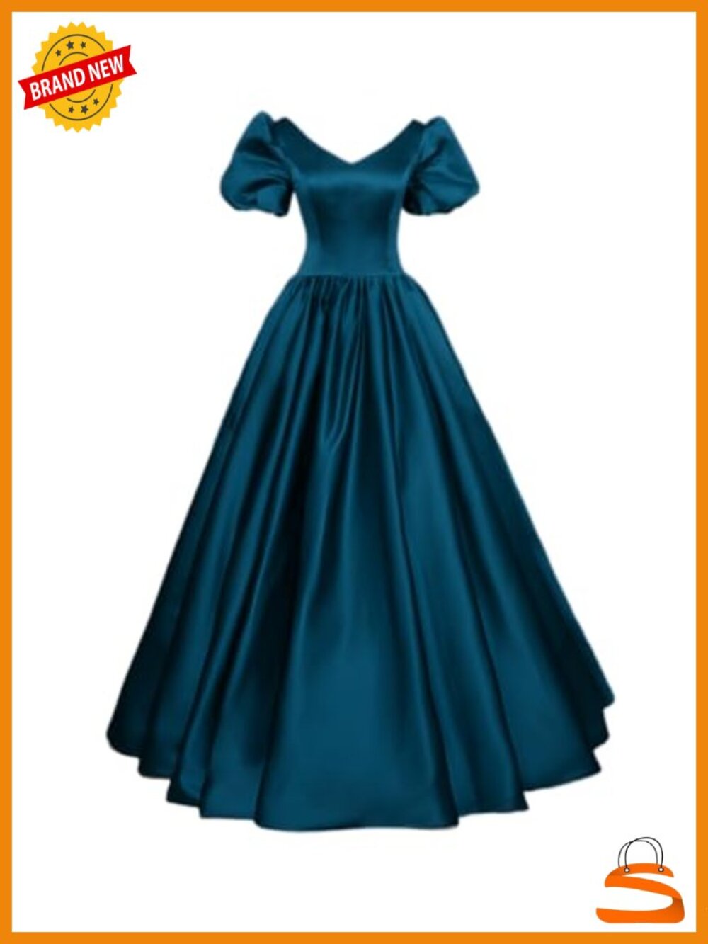 Satin V-Neck Lace Up Back Puff Sleeve A-Line Ball Gown Dress Plus Size